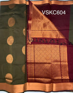 VSKC604 - cow dung green color body , maroon color pallu , blouse.