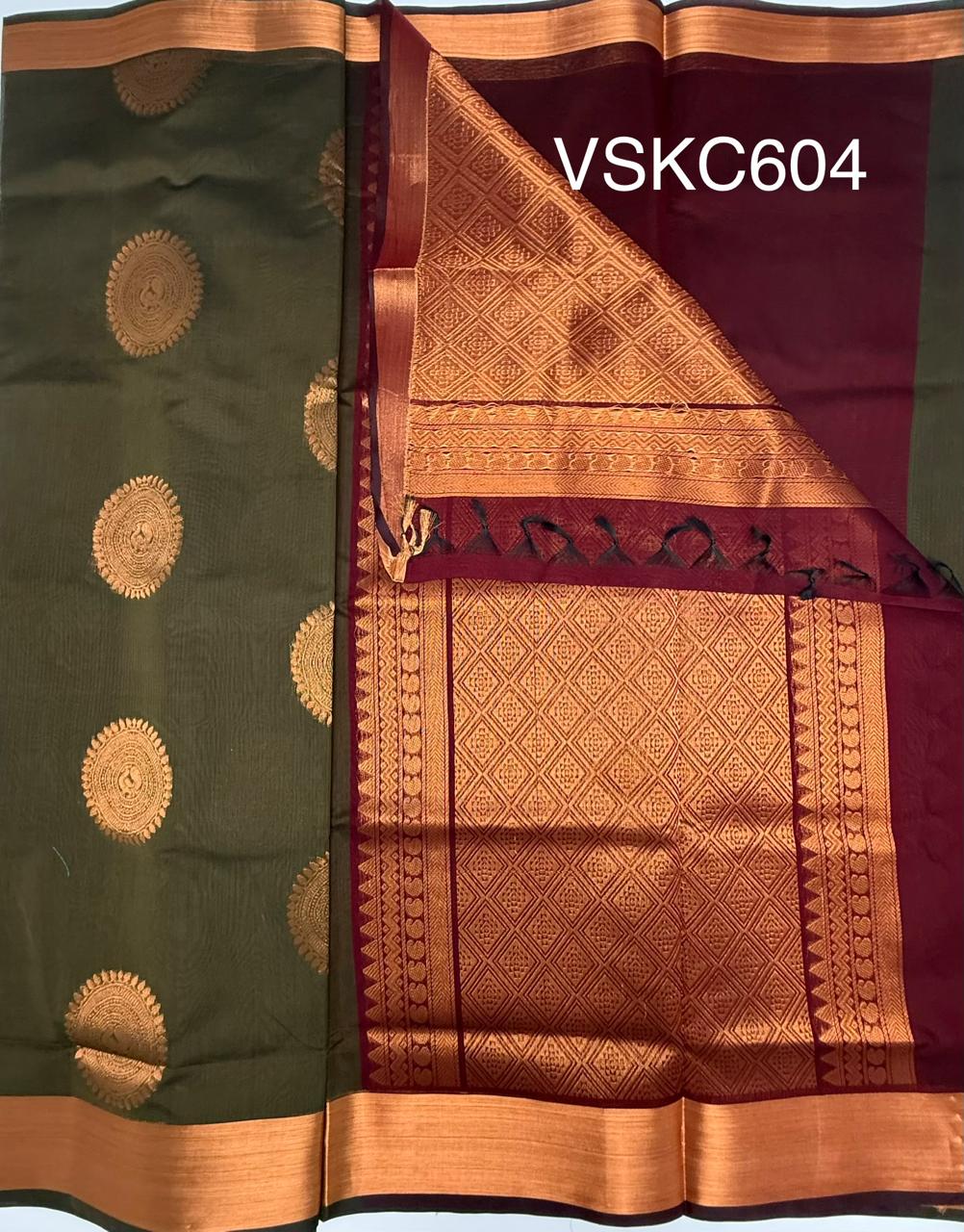 VSKC604 - cow dung green color body , maroon color pallu , blouse.