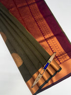 VSKC604 - cow dung green color body , maroon color pallu , blouse.