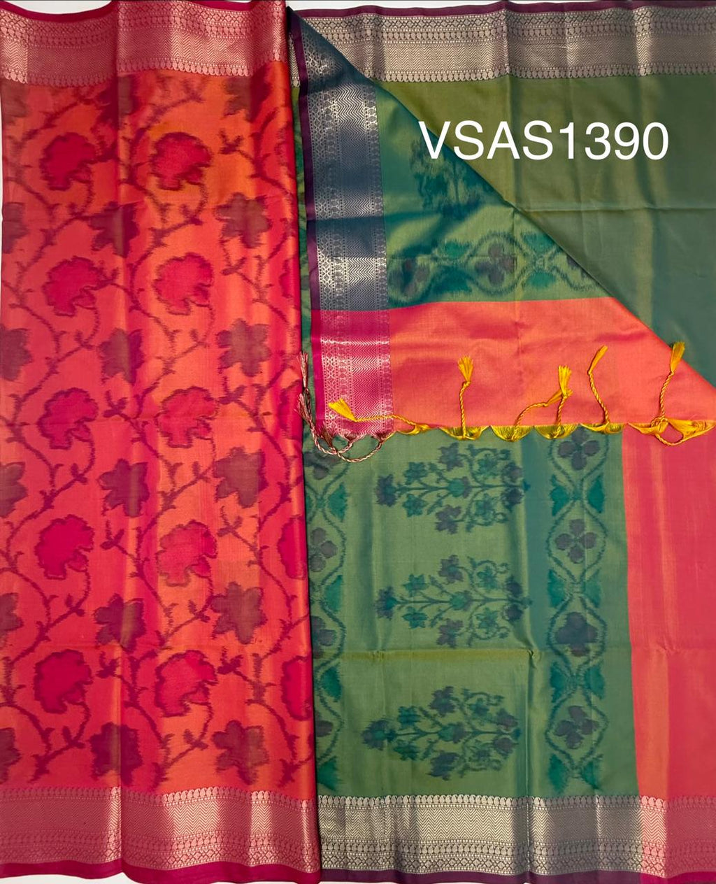 VSAS1390 - pinkish orange color body , dual green color pallu , blouse.