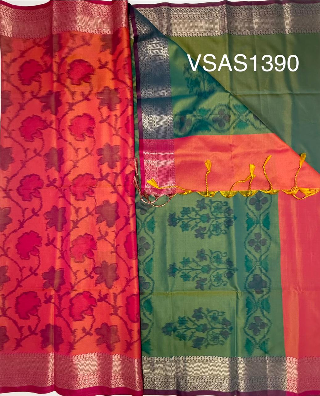 VSAS1390 - pinkish orange color body , dual green color pallu , blouse.
