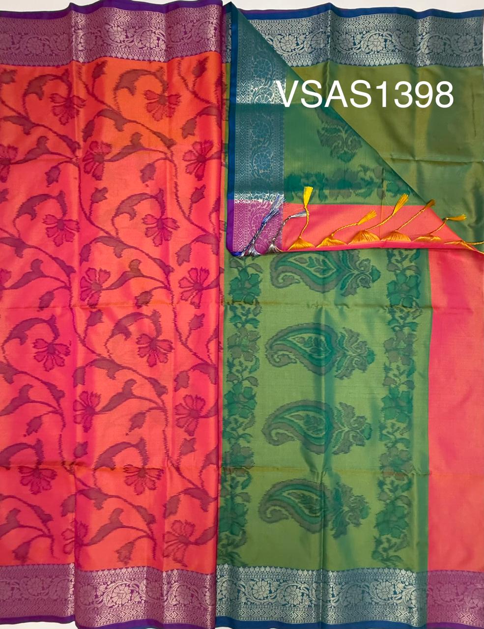 VSAS1398 - pinkish orange color body , dual green color pallu , blouse.