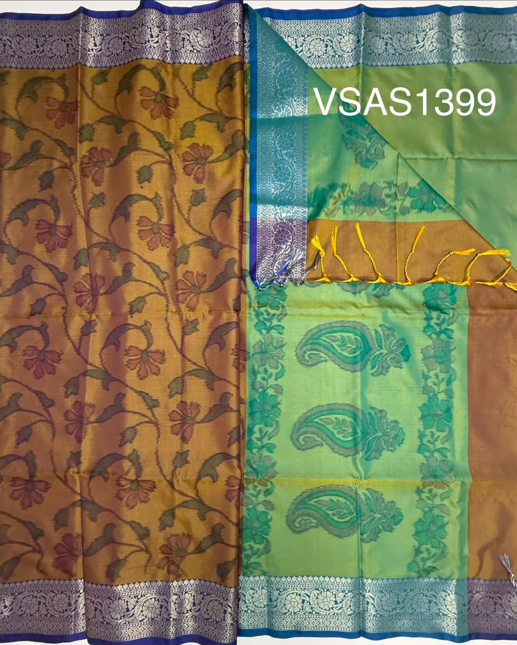 VSAS1399 - cow dung green color body , dual green color pallu , blouse.