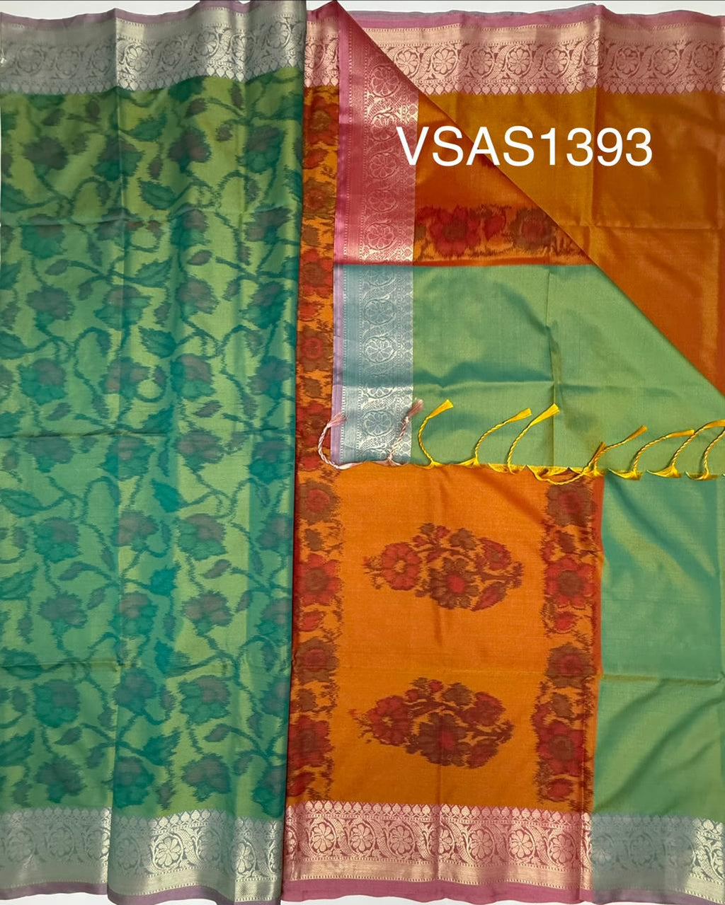 VSAS1393 - dual green color body , honey brown color pallu , blouse.