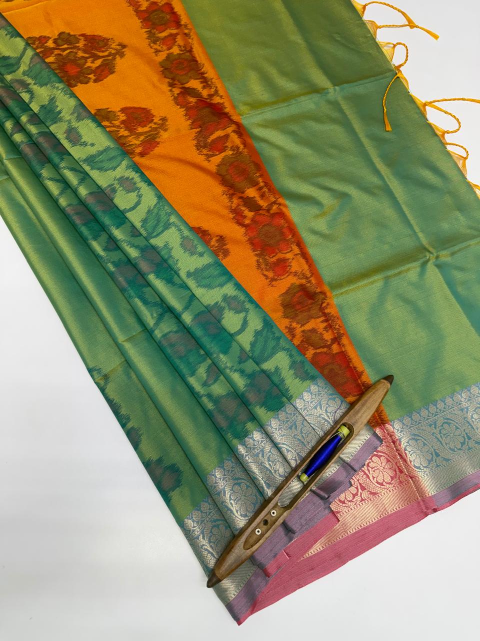 VSAS1393 - dual green color body , honey brown color pallu , blouse.
