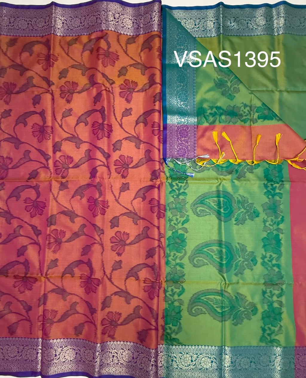VSAS1395 - honey brown color body , dual green color pallu , blouse.