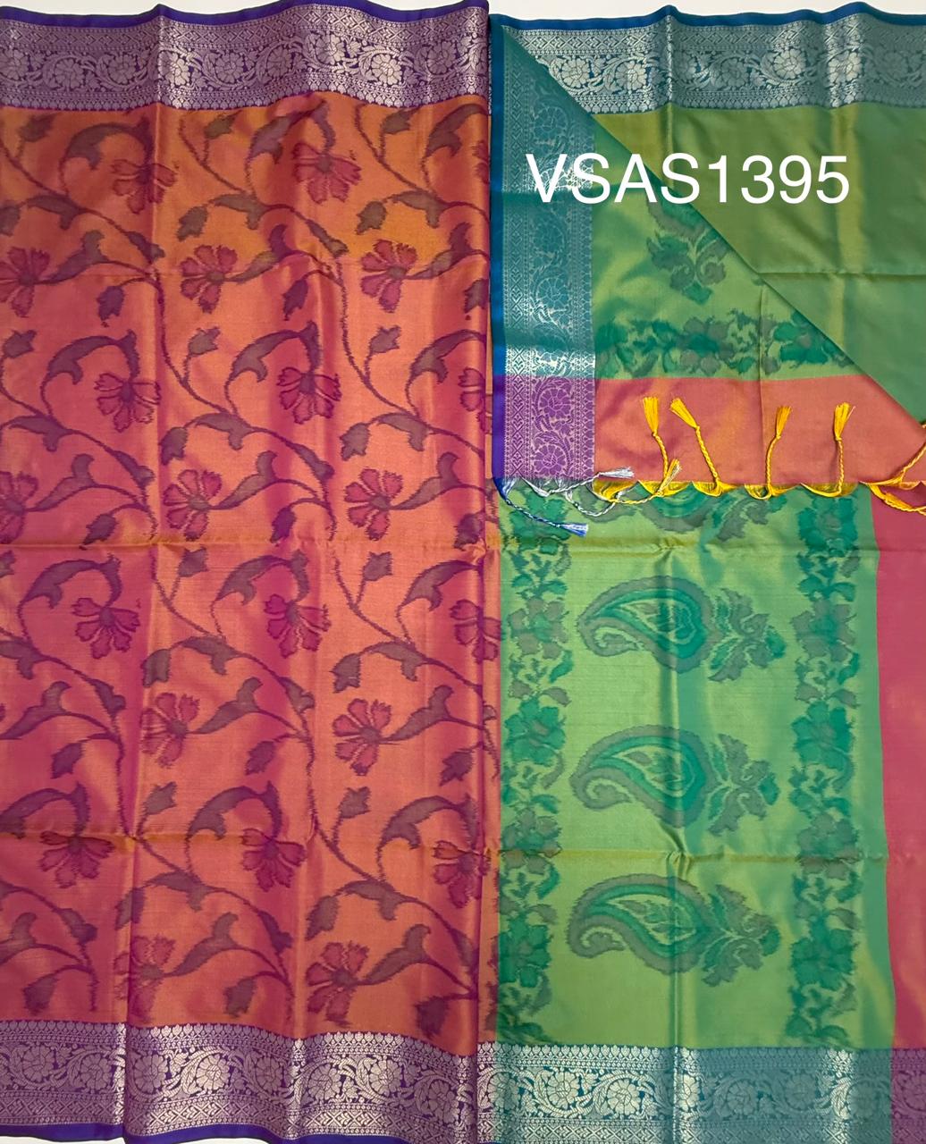 VSAS1395 - honey brown color body , dual green color pallu , blouse.