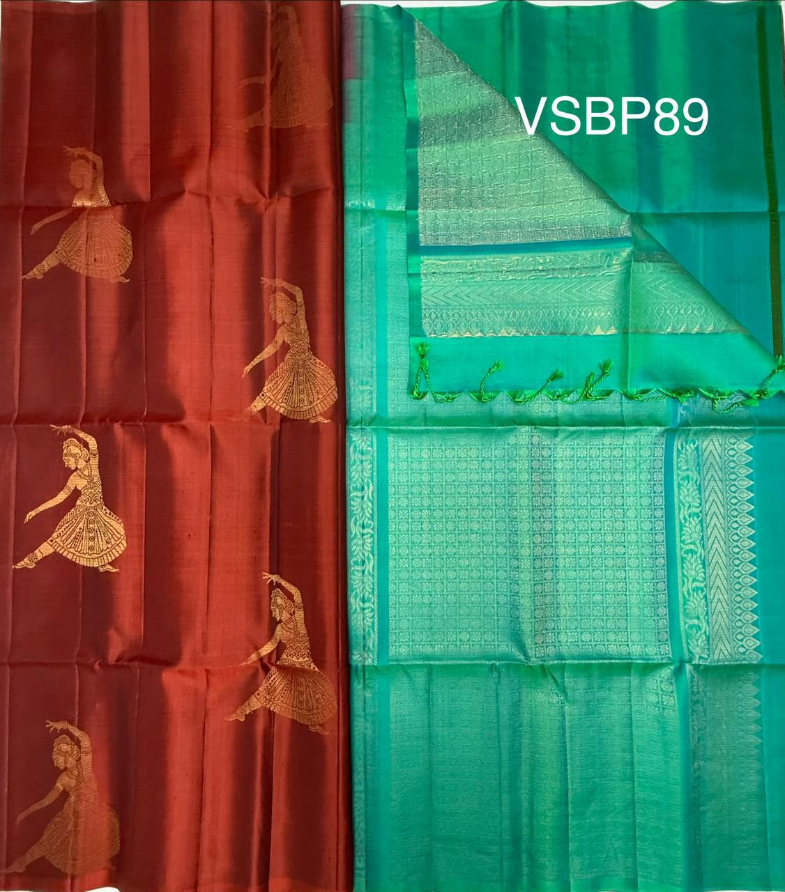 VSBP89 - brick red color body & blue with green color pallu,blouse - Pure silk saree