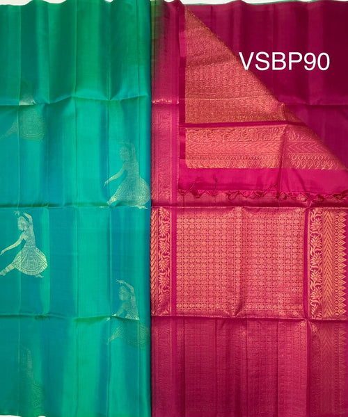 VSBP90 - blue white green color body & rani pink color pallu,blouse - Pure silk saree