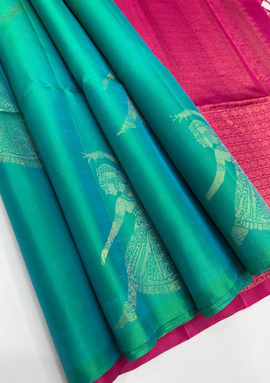 VSBP90 - blue white green color body & rani pink color pallu,blouse - Pure silk saree