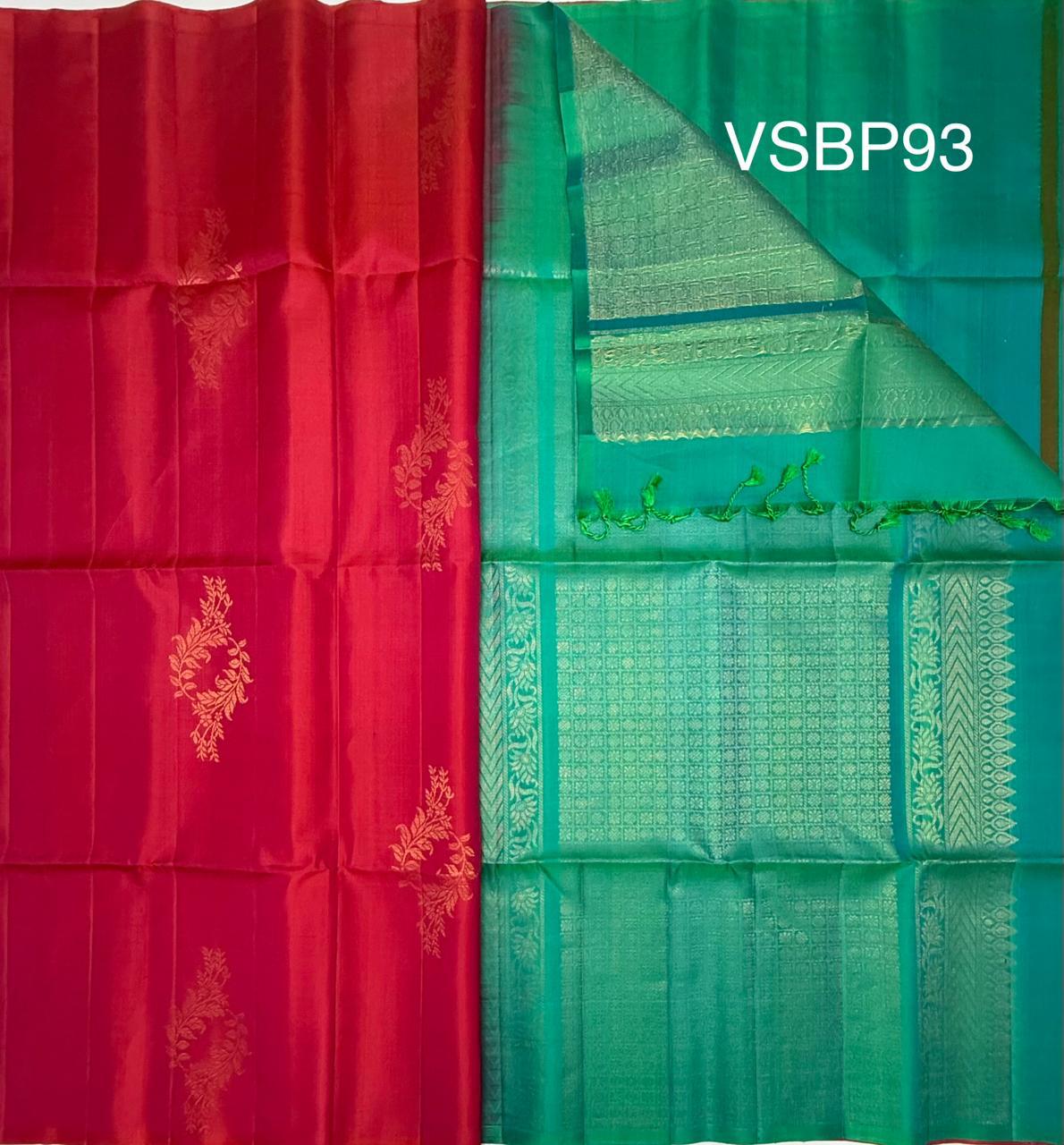 VSBP93 - pink color body, blue with green color pallu,blouse - Pure silk saree