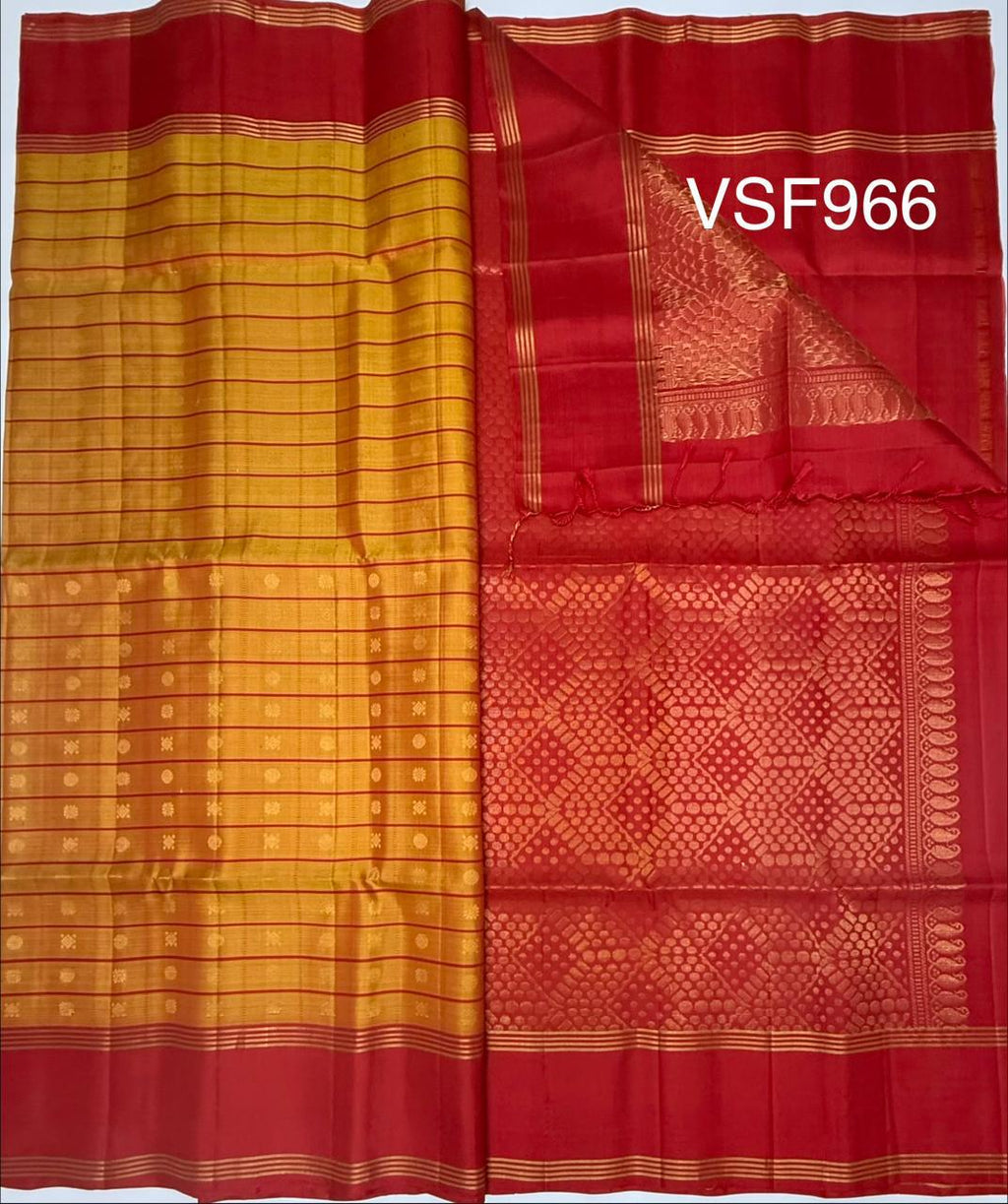 VSF966 - mustard color body ,&nbsp; red color pallu,blouse - Pure silk saree