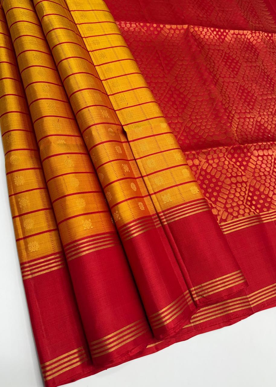 VSF966 - mustard color body ,&nbsp; red color pallu,blouse - Pure silk saree