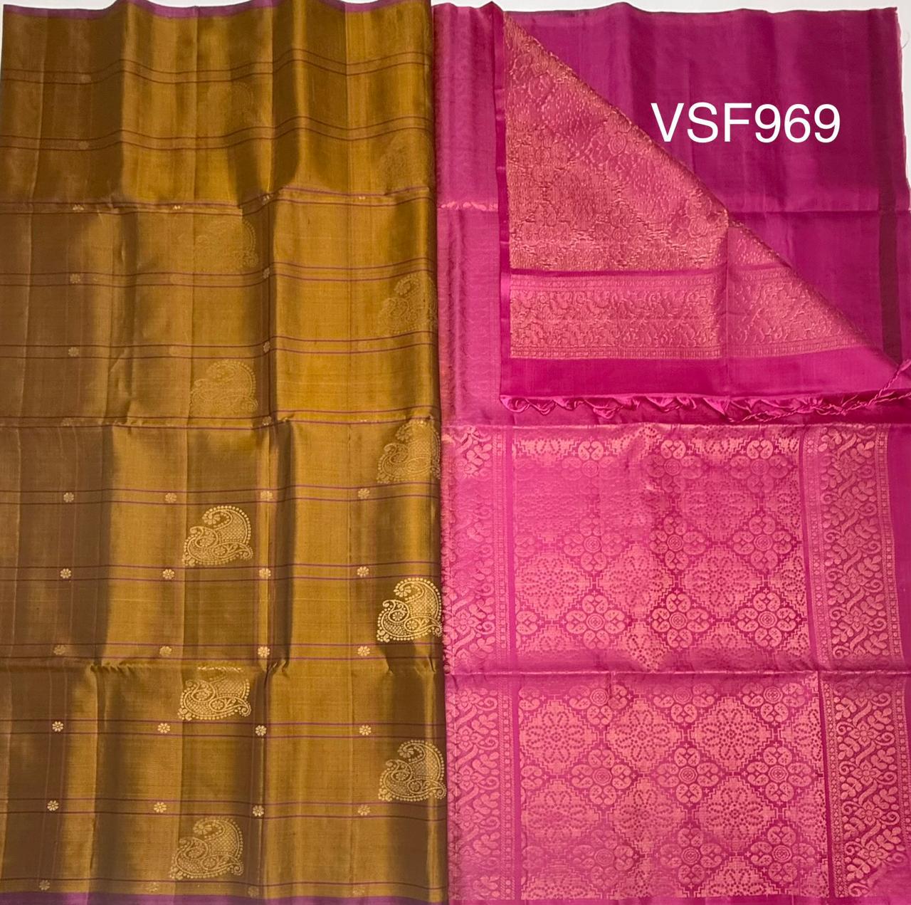 VSF969 - dark honey brown color body ,&nbsp; rani pink color pallu,blouse - Pure silk saree
