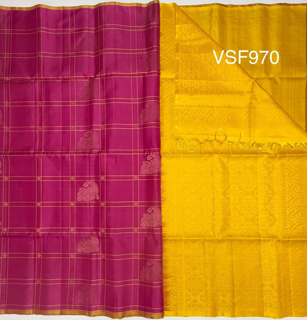 VSF970 - rani pink color body , yellow color pallu,blouse - Pure silk saree