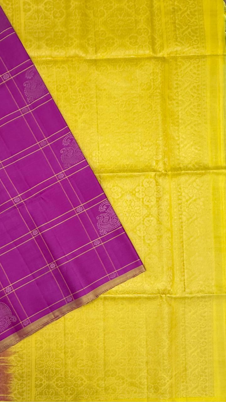 VSF970 - rani pink color body , yellow color pallu,blouse - Pure silk saree