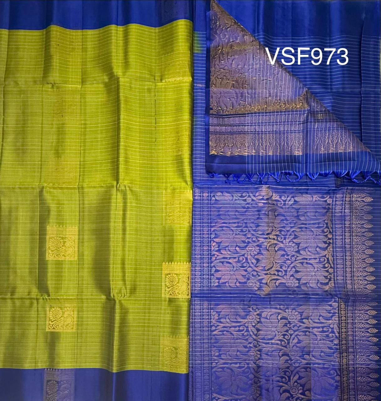 VSF973 - green color body , royal blue color pallu,blouse - Pure silk saree