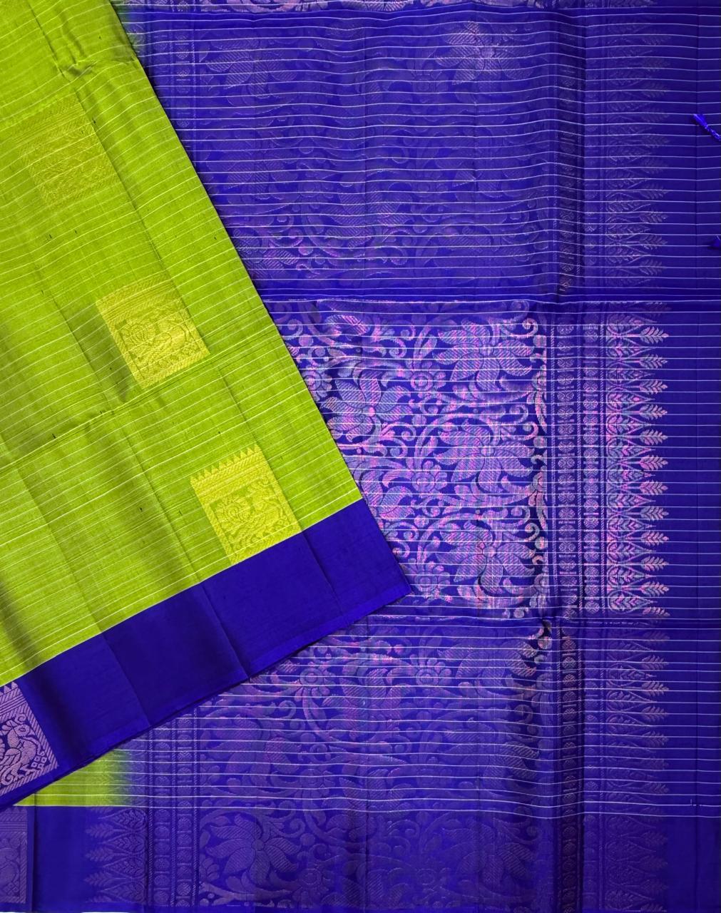 VSF973 - green color body , royal blue color pallu,blouse - Pure silk saree