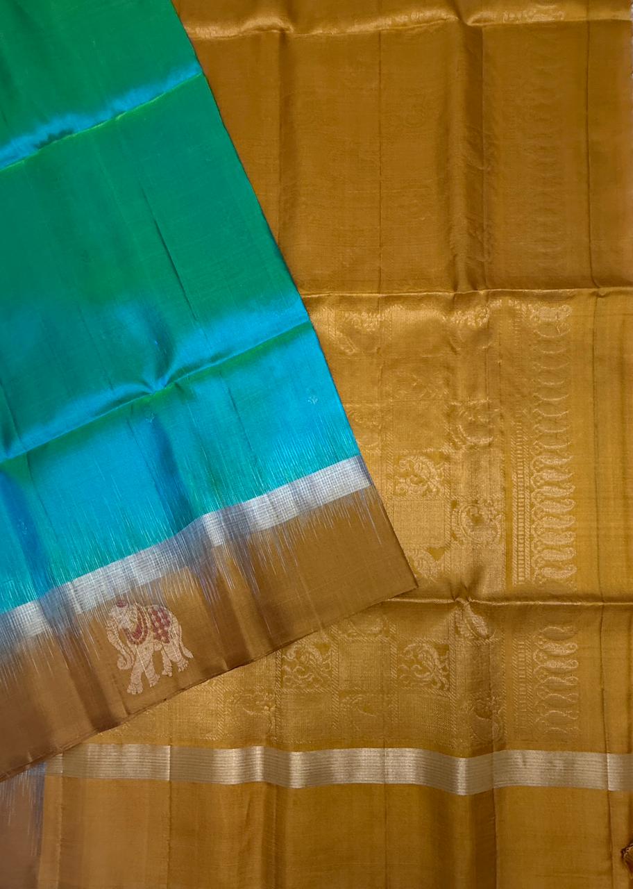 VSCB612 - dual blue color body , musatrd color pallu , blouse - Pure silk saree