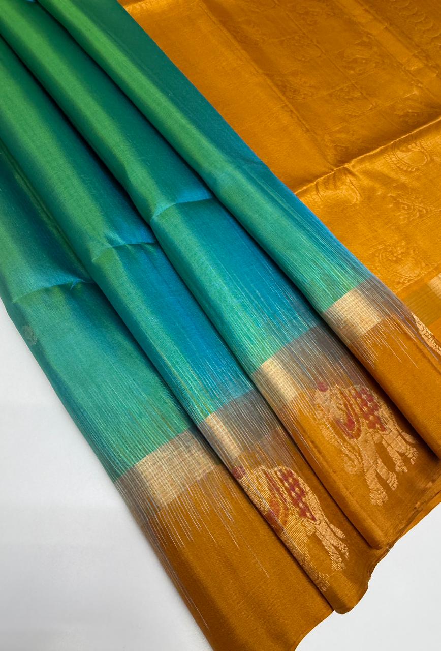 VSCB612 - dual blue color body , musatrd color pallu , blouse - Pure silk saree