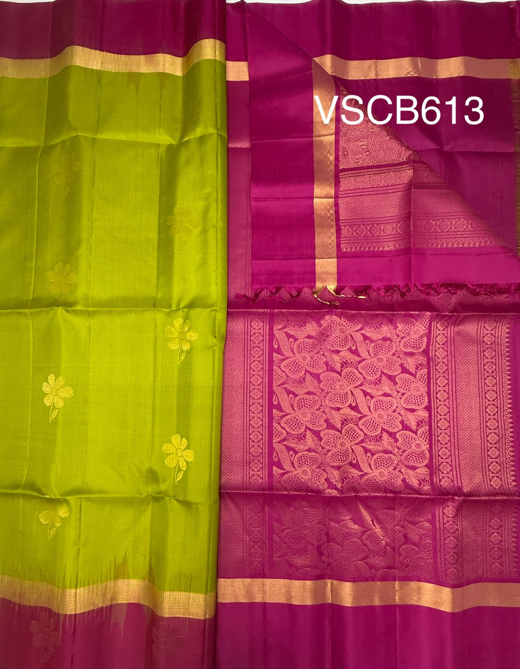 VSCB613 - green color body , rani pink color pallu , blouse - Pure silk saree