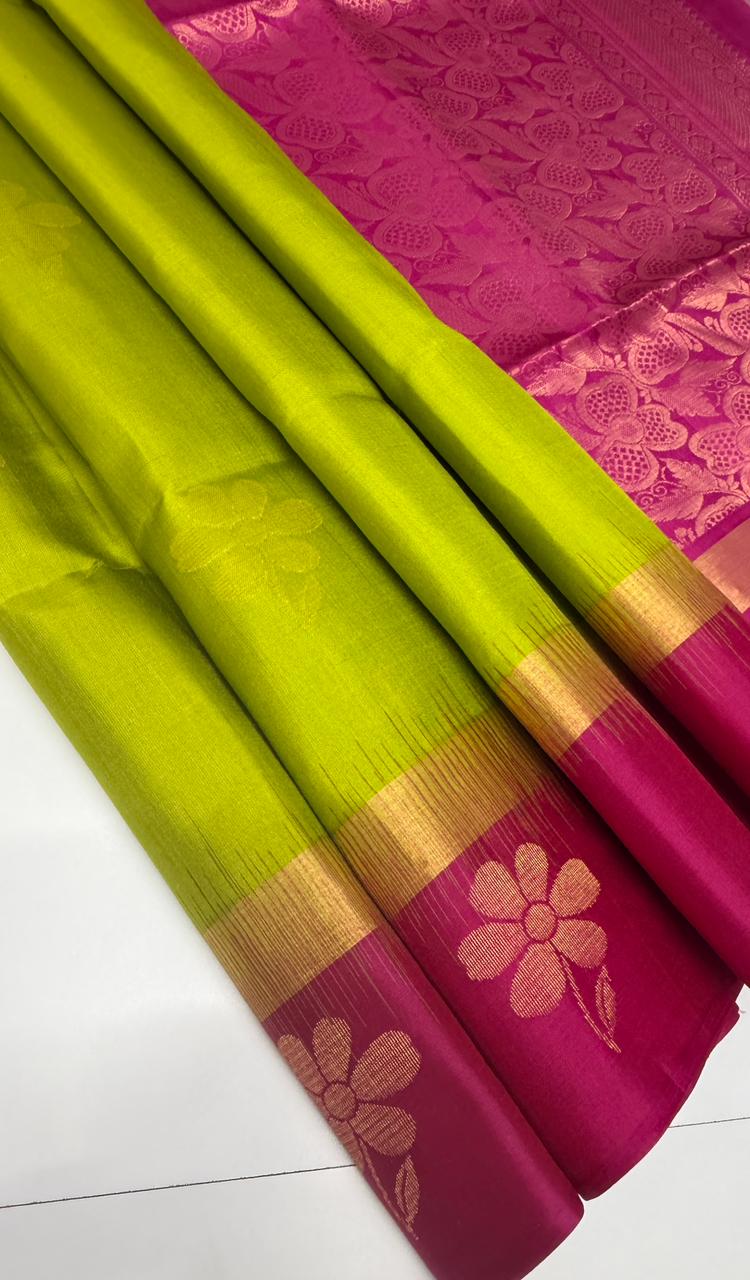 VSCB613 - green color body , rani pink color pallu , blouse - Pure silk saree