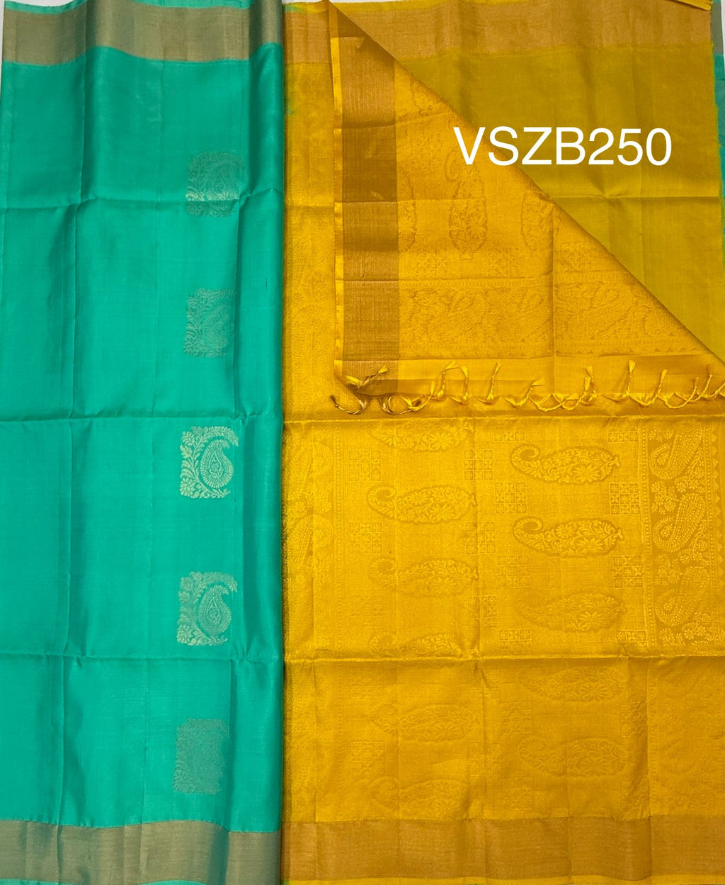 VSZB250 - sea blue color body , yellow color pallu , blouse - Pure silk saree