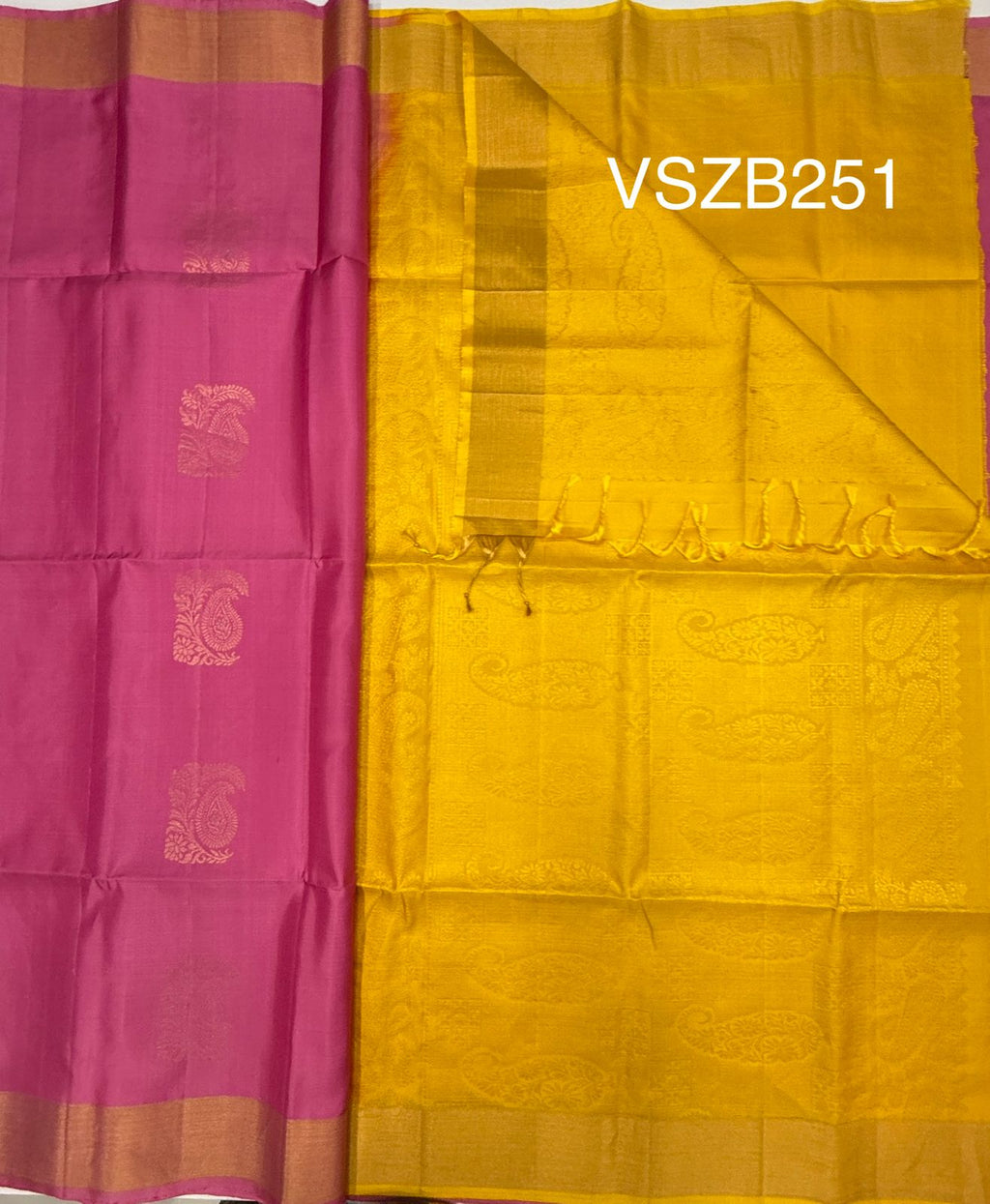 VSZB251 - lotus pink color body , yellow color pallu , blouse - Pure silk saree