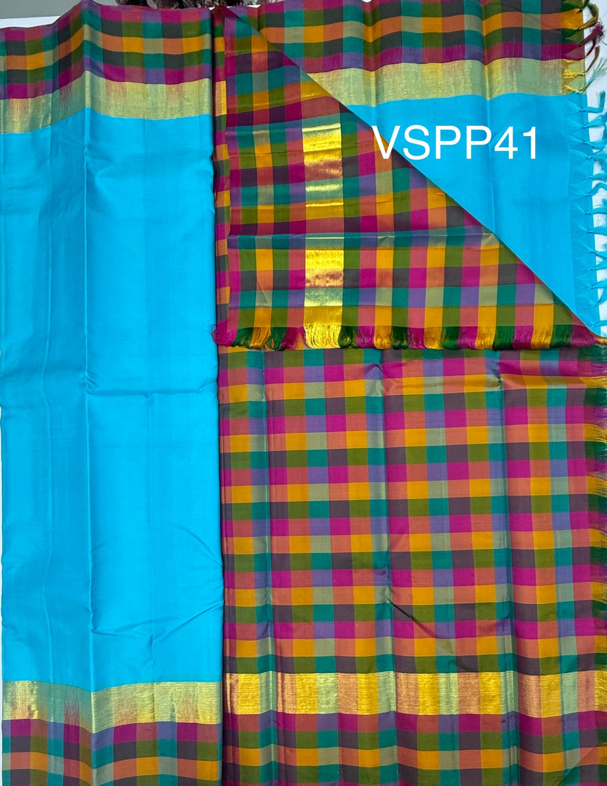 VSPP41 - sky blue color body &amp; multicolor pallu,blouse - Pure silk saree