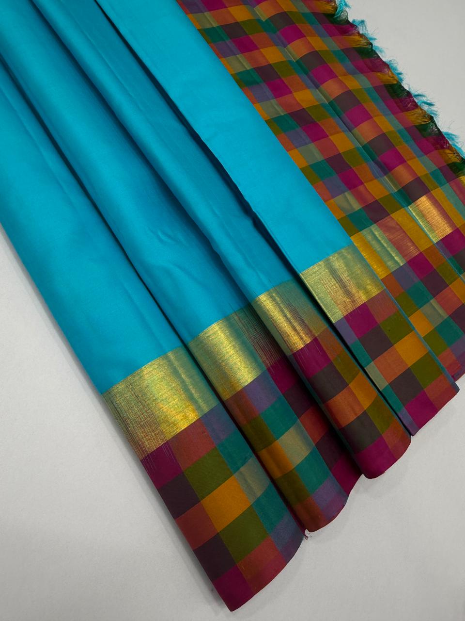 VSPP41 - sky blue color body &amp; multicolor pallu,blouse - Pure silk saree