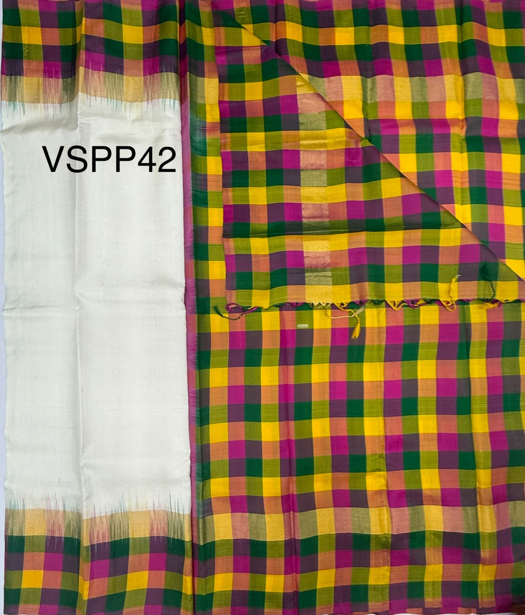 VSPP42 - white color body , multicolor pallu,blouse - Pure silk saree