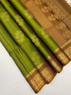 VSF981 - leaf green color body , mustard color pallu,blouse - Pure silk saree