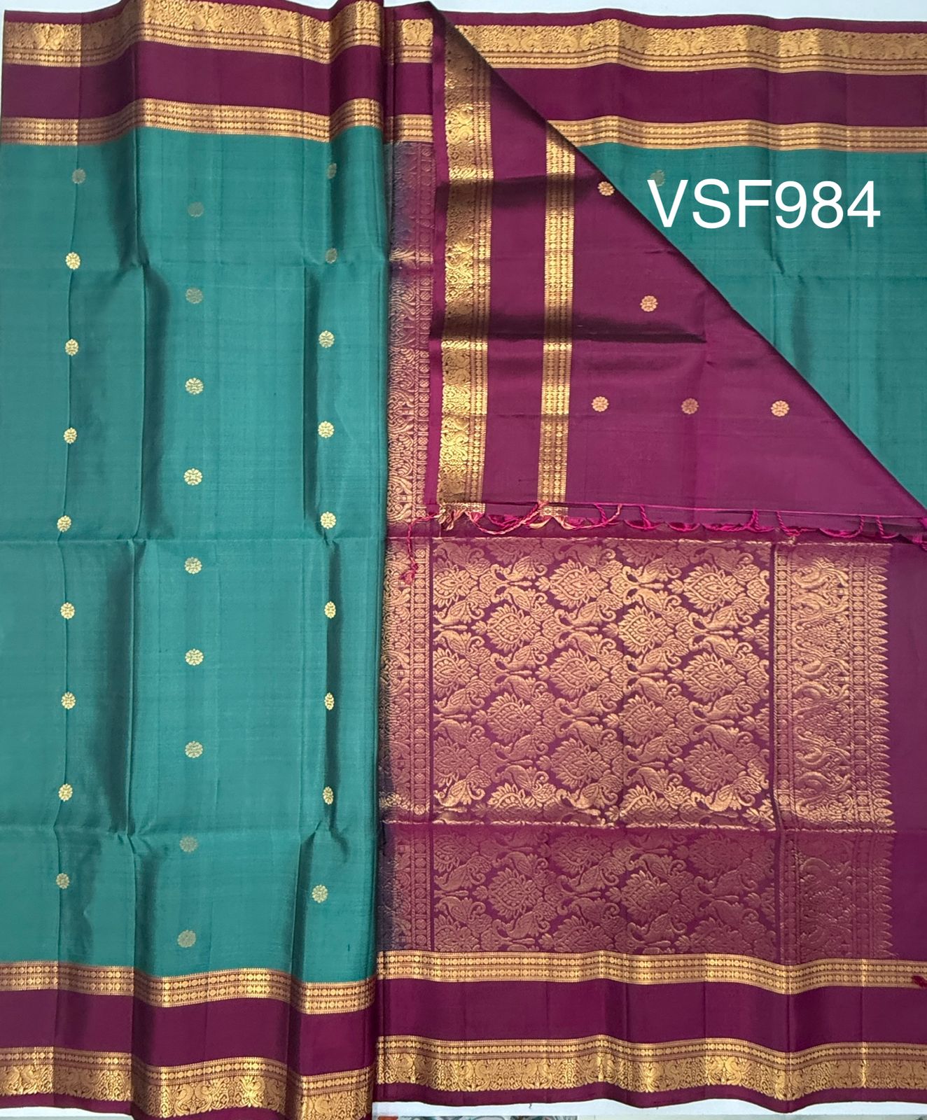 VSF984 - pastel green color body & purple color pallu,blouse - Pure silk saree
