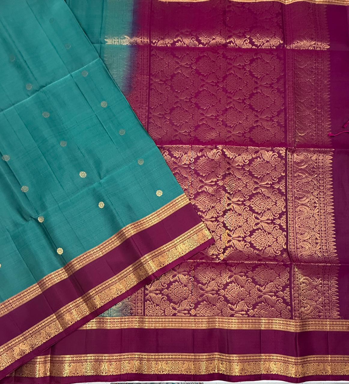 VSF984 - pastel green color body & purple color pallu,blouse - Pure silk saree