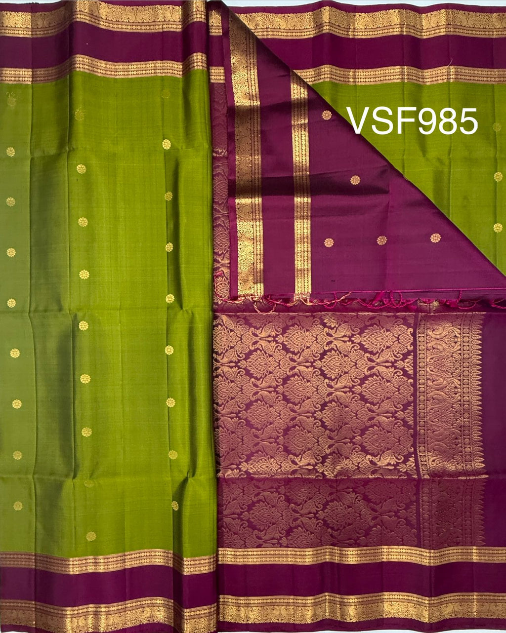 VSF985 - mehandi green color body & purple color pallu,blouse - Pure silk saree