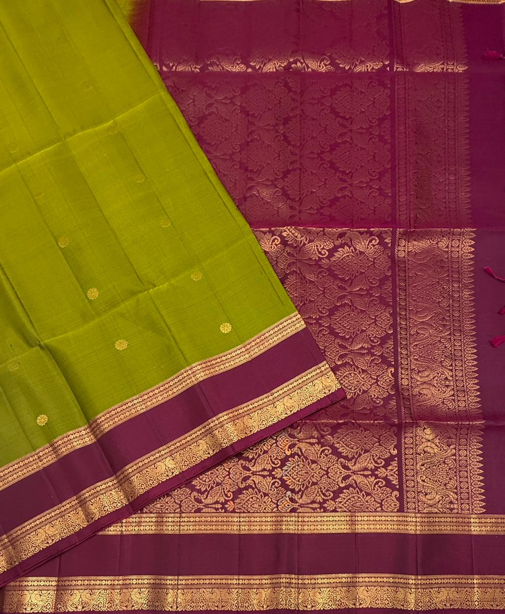 VSF985 - mehandi green color body & purple color pallu,blouse - Pure silk saree