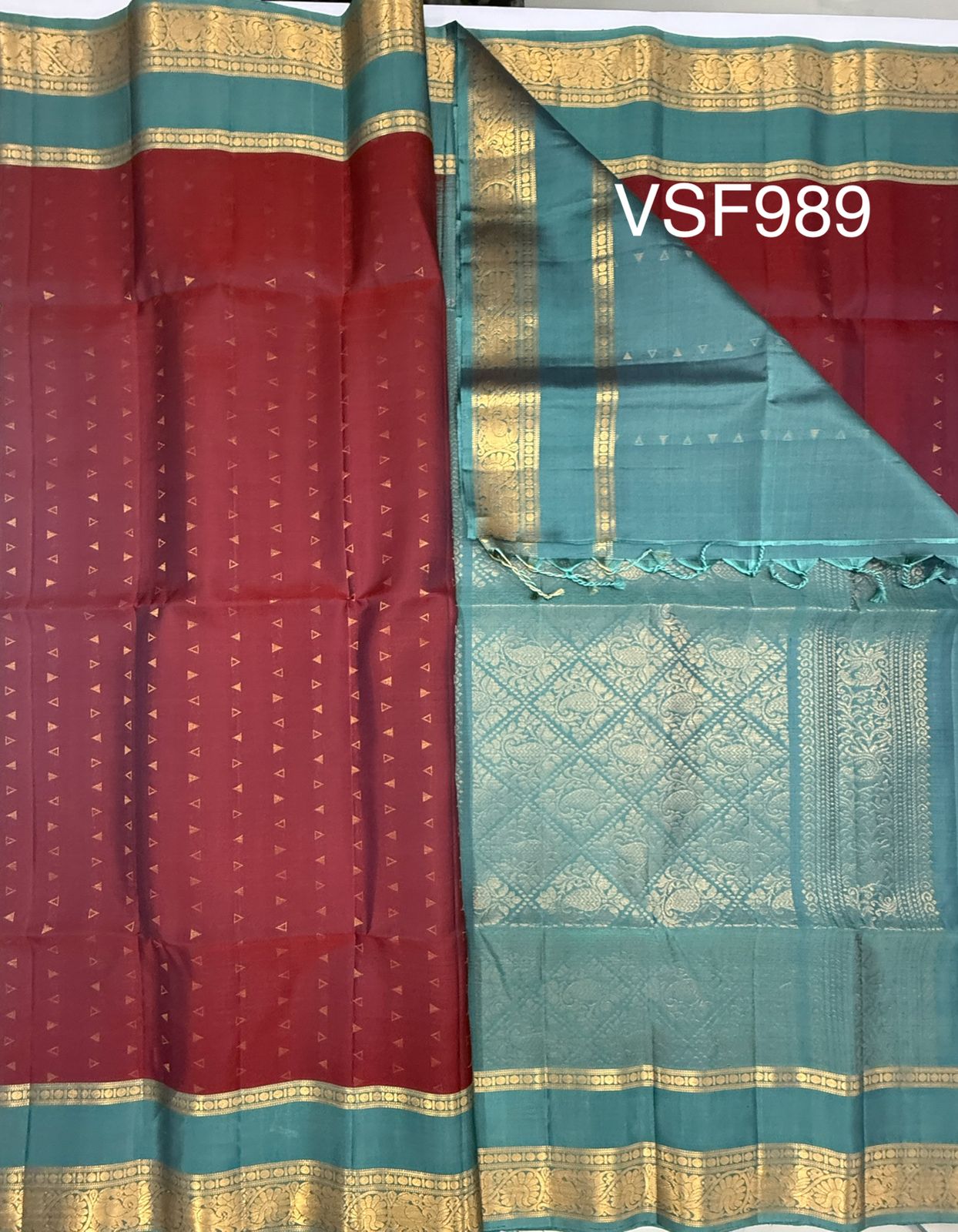 VSF989 - maroon color body , pastel blue color pallu,blouse - Pure silk saree