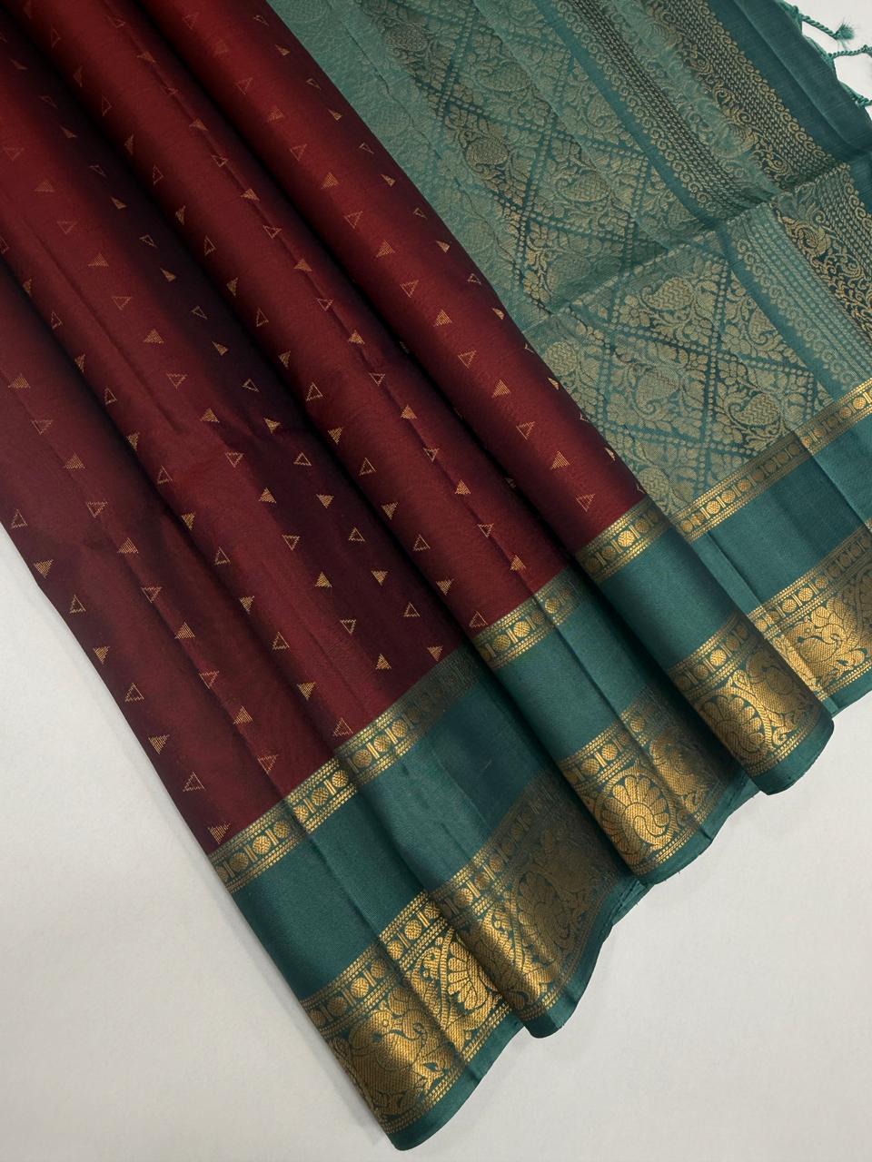 VSF989 - maroon color body , pastel blue color pallu,blouse - Pure silk saree