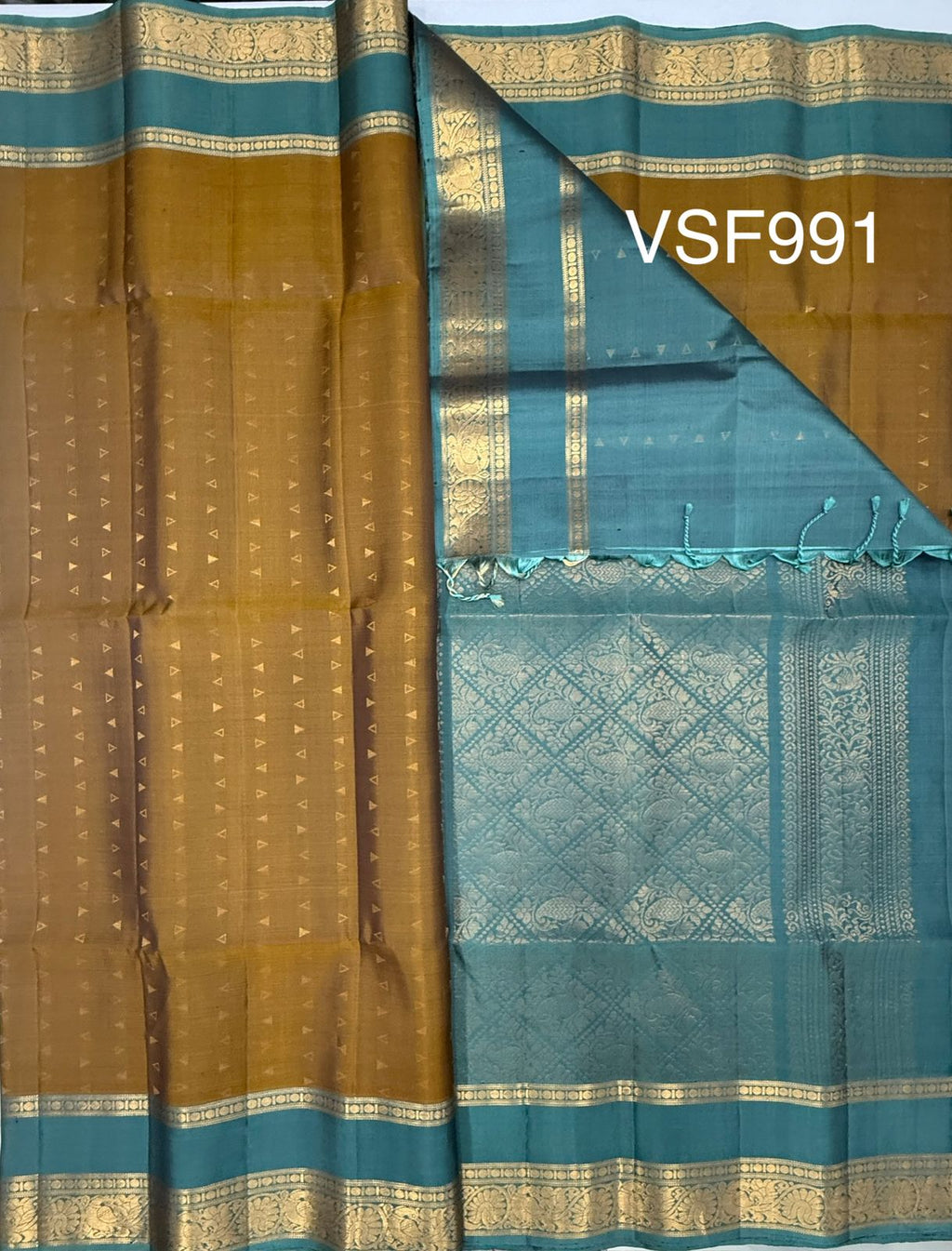 VSF991 - yellowish black color body & pastel blue color pallu,blouse - Pure silk saree.