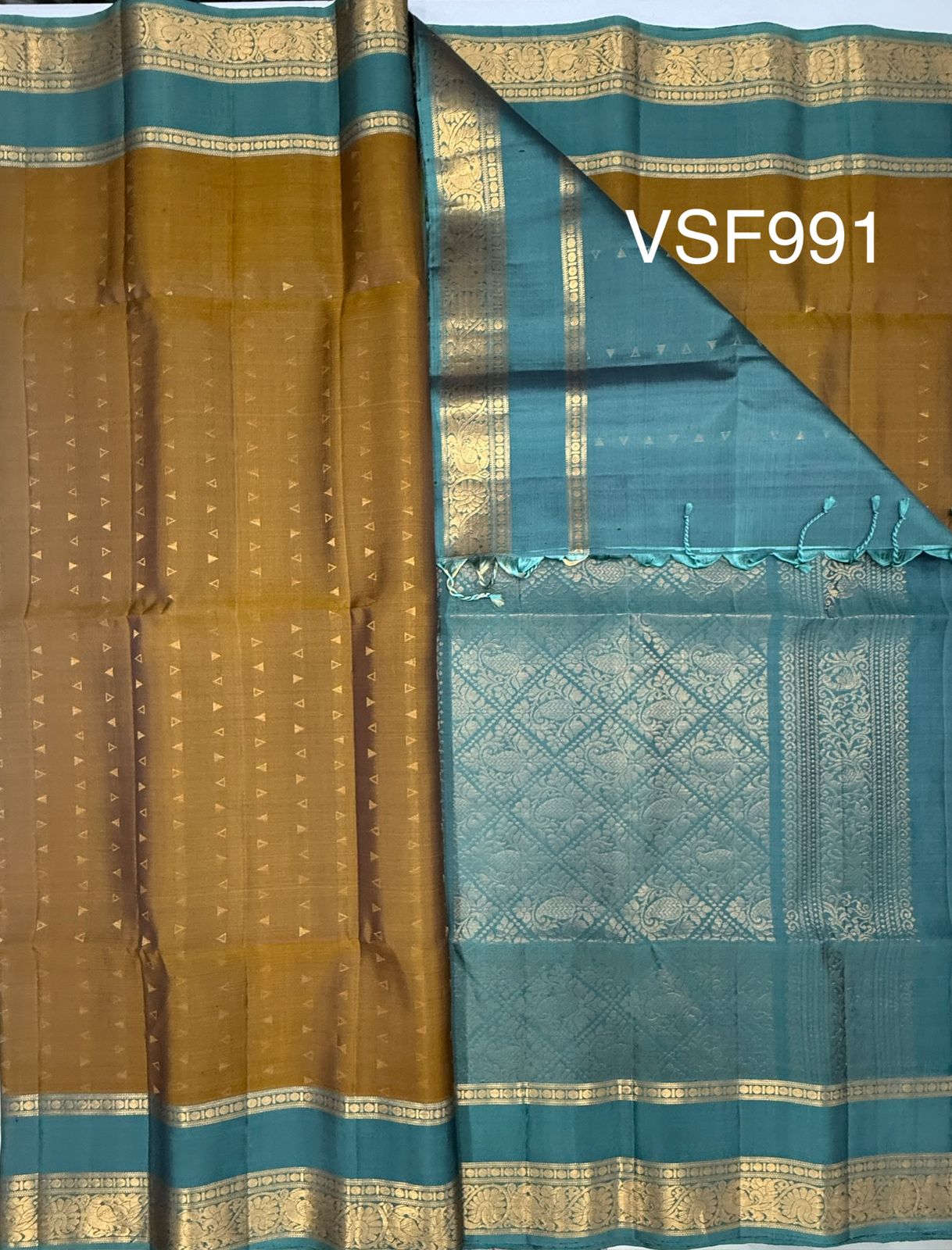 VSF991 - yellowish black color body & pastel blue color pallu,blouse - Pure silk saree.