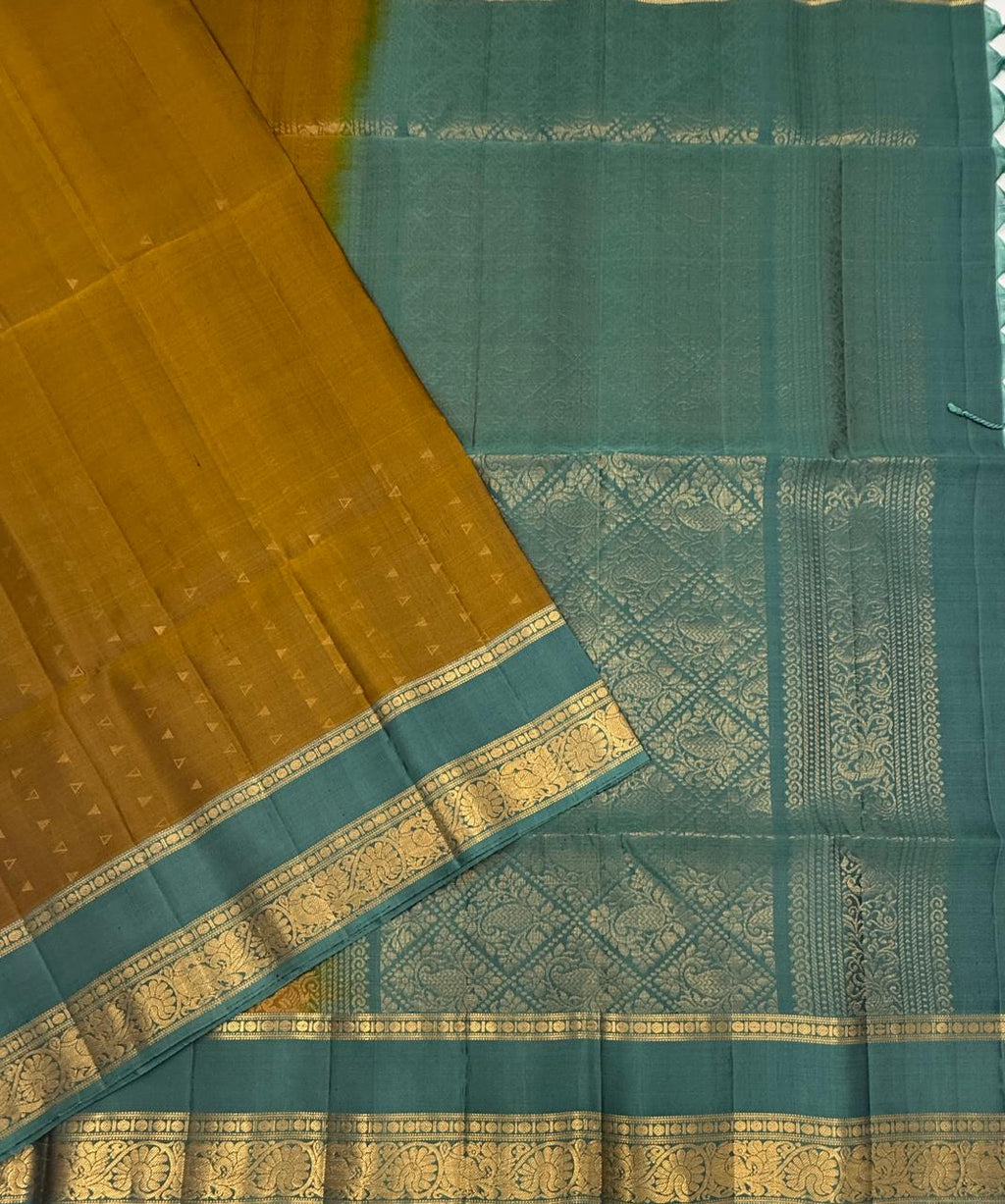 VSF991 - yellowish black color body & pastel blue color pallu,blouse - Pure silk saree.