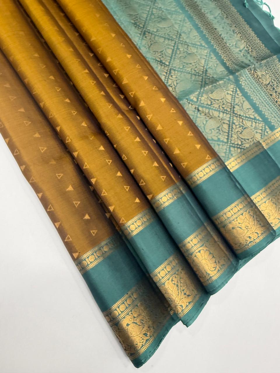 VSF991 - yellowish black color body & pastel blue color pallu,blouse - Pure silk saree.