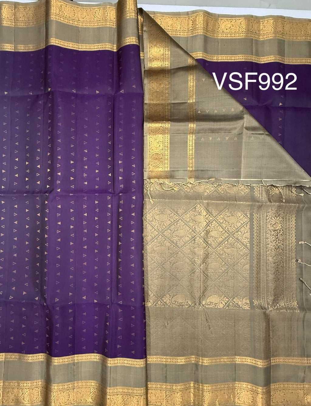 VSF992 - dark violet color body & beige color pallu,blouse - Pure silk saree