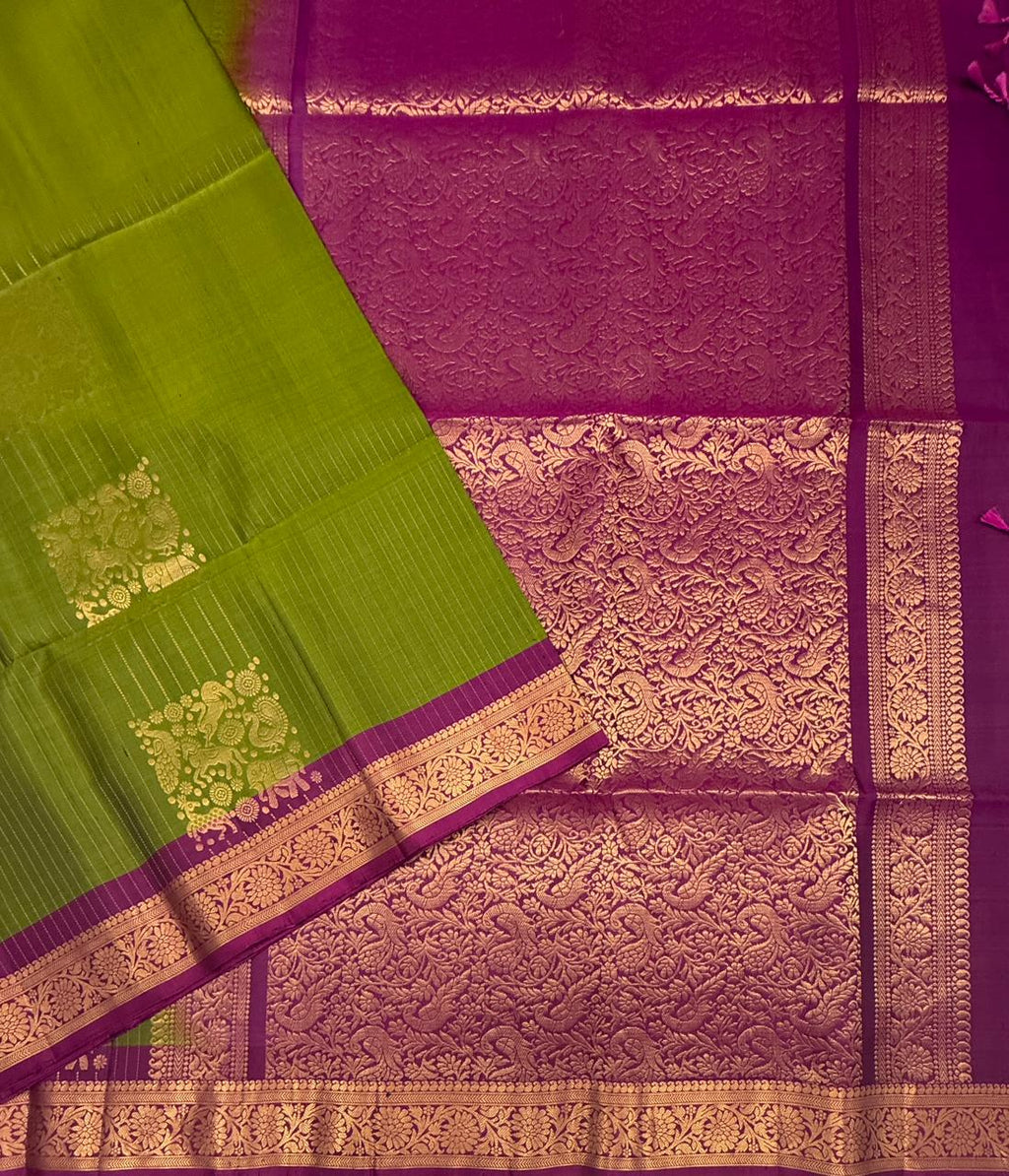 VSF993 - leaf green color body & magenta color pallu,blouse - Pure silk saree