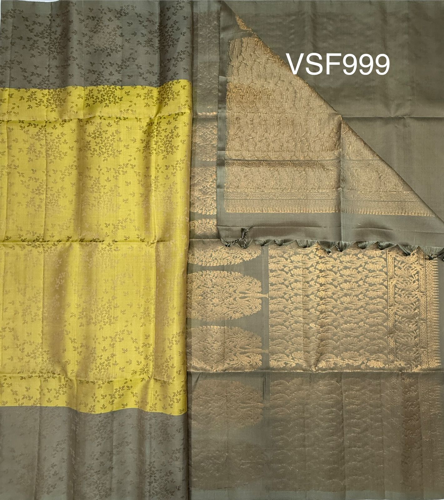VSF999 - yellowish green color body , pastel green color pallu,blouse - Pure silk saree