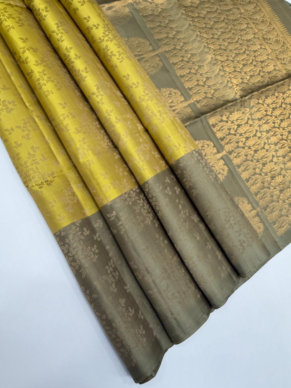 VSF999 - yellowish green color body , pastel green color pallu,blouse - Pure silk saree