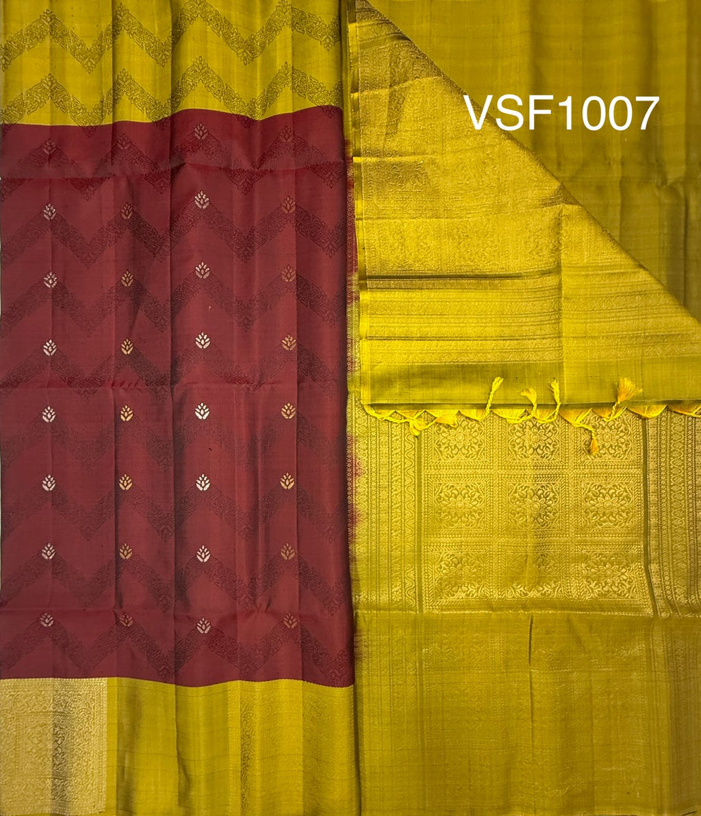 VSF1007 - maroon color body & mehandi green color pallu,blouse - Pure silk saree