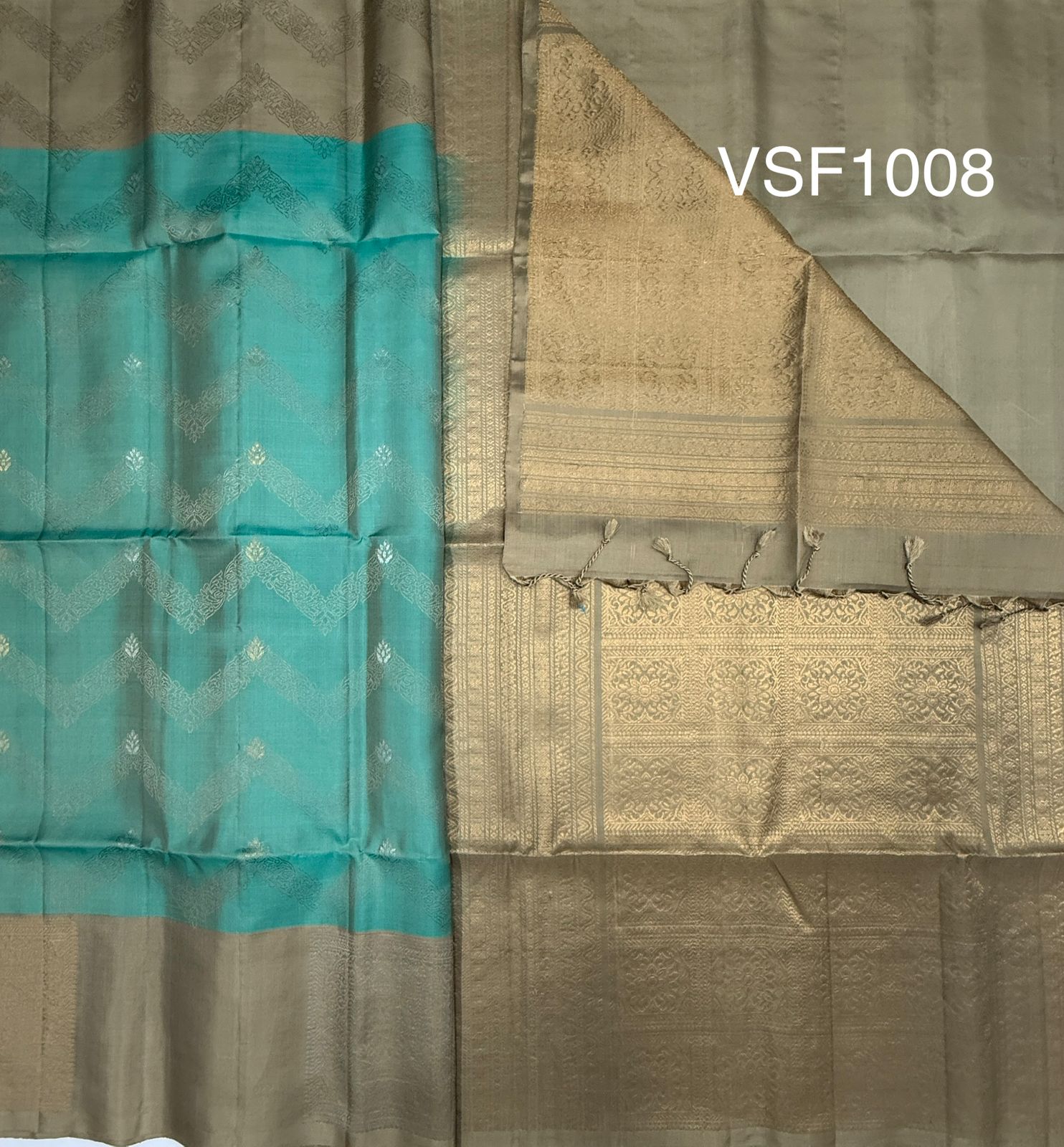 VSF1008 - sea blue color body & beige color pallu,blouse - Pure silk saree