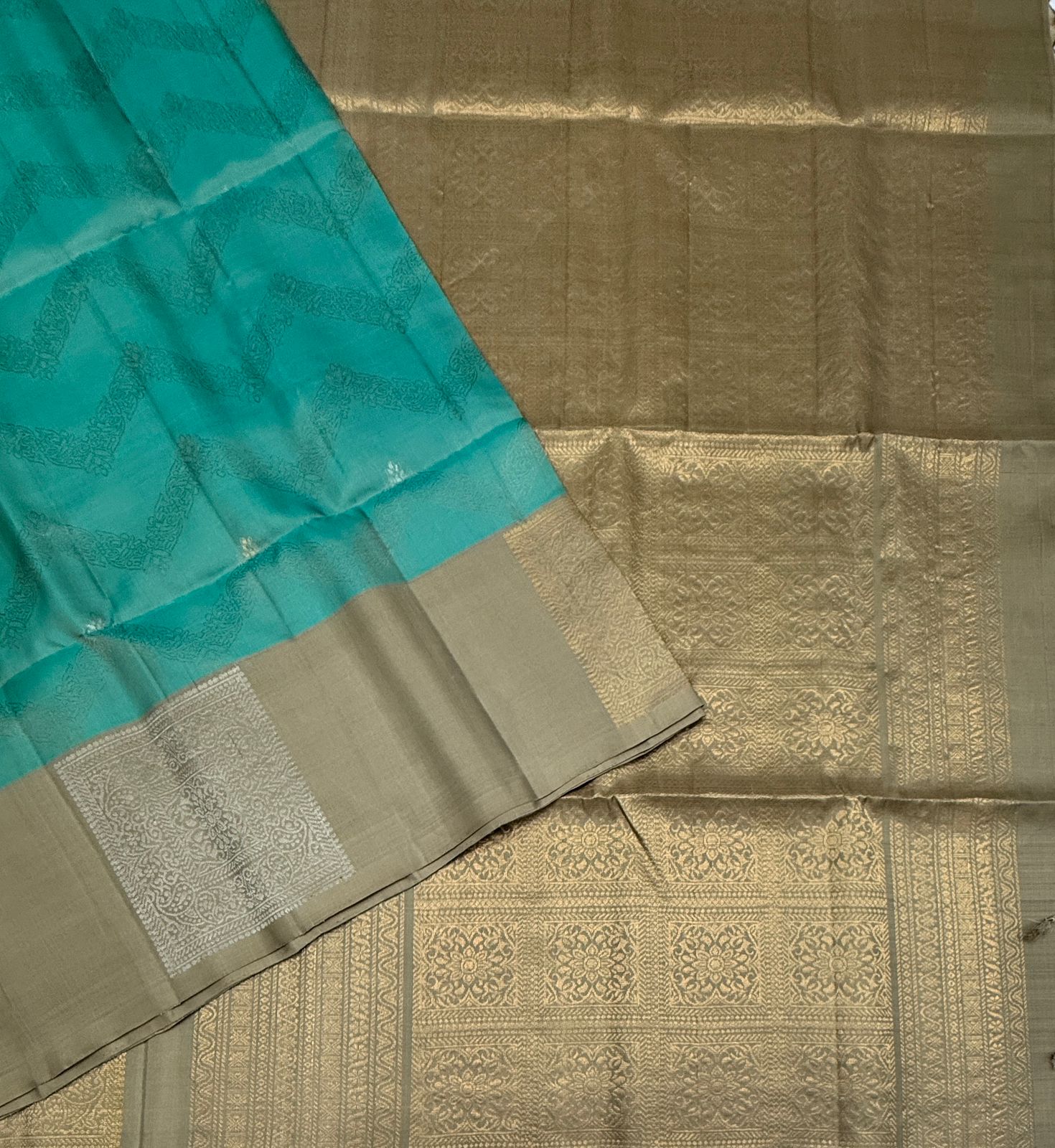 VSF1008 - sea blue color body & beige color pallu,blouse - Pure silk saree