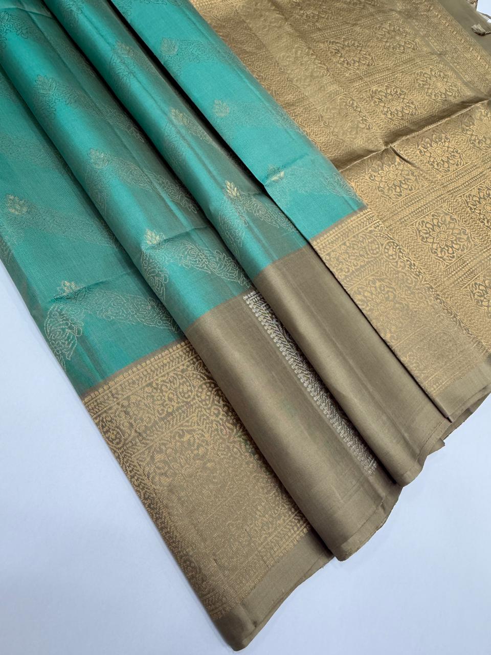VSF1008 - sea blue color body & beige color pallu,blouse - Pure silk saree